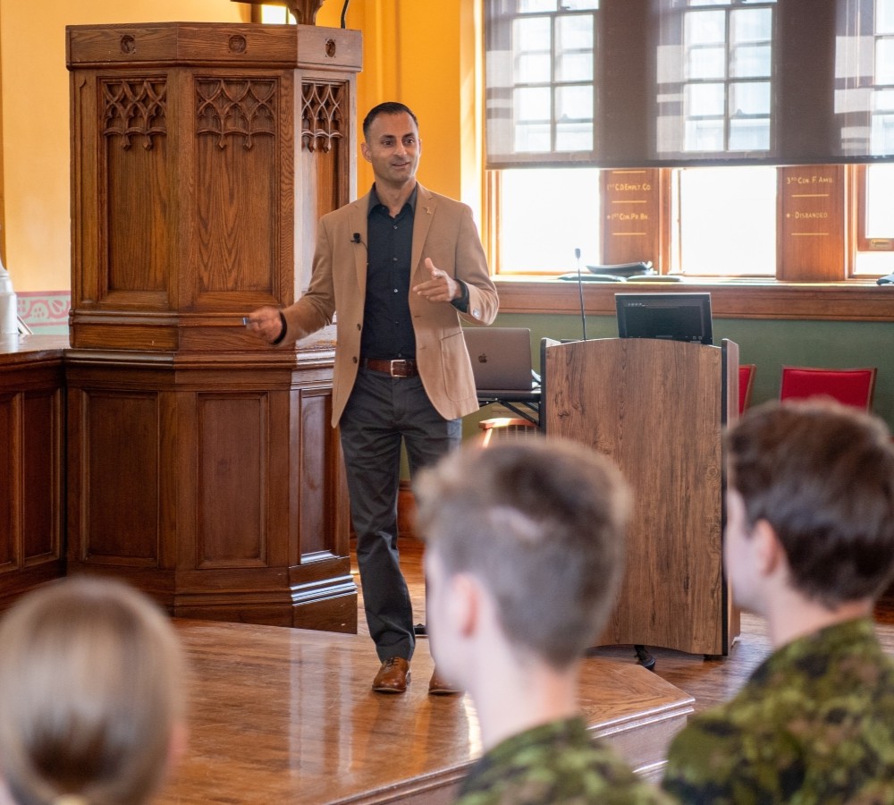 Maj (Ret) Jameel Janjua speaks with Officer Cadets during a public lecture on 12 September 2025.
